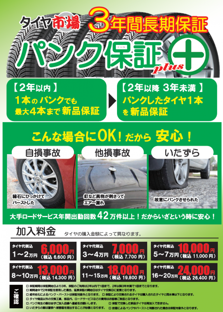 パンクの保証で新品のタイヤ4本と交換が出来ちゃう！！しかも3年間
